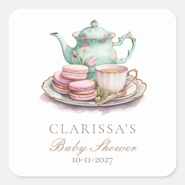 Elegant Watercolor Baby Shower Tea Party Square Sticker (Front)
