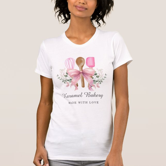 Elegant Watercolor Bakery Utensils with Pink Bow T-Shirt (Front)