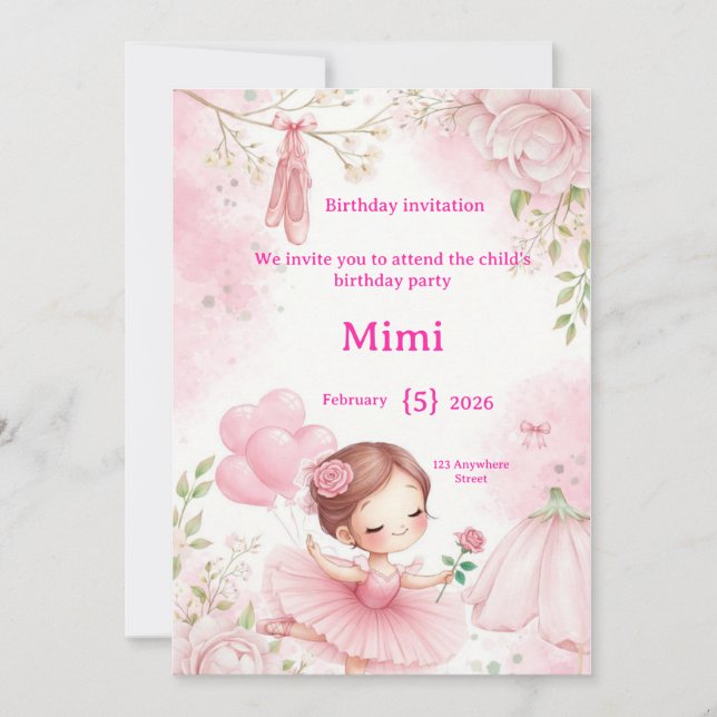Elegant Watercolor Ballerina Birthday In Invitation (Front)