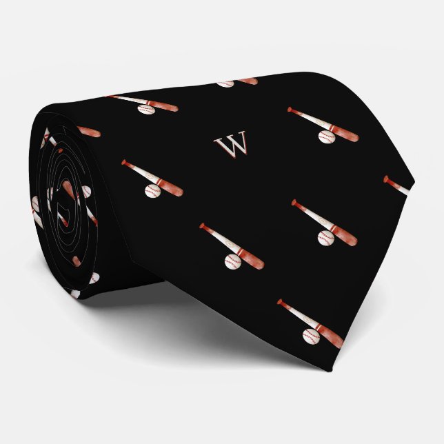 Elegant Watercolor Baseball Monogram Initial Black Neck Tie (Rolled)
