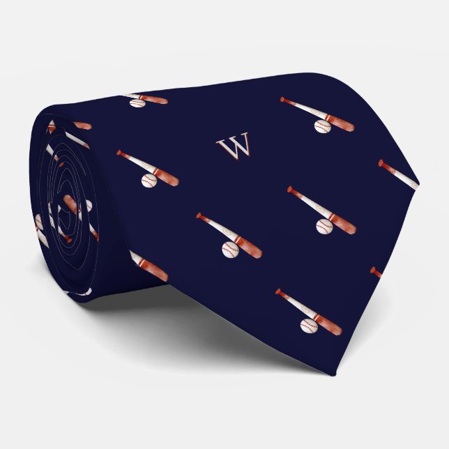 Elegant Watercolor Baseball Monogram Initial Blue Neck Tie (Rolled)