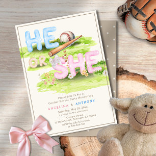 Elegant Watercolor Baseball Wildflowers He or She Invitation