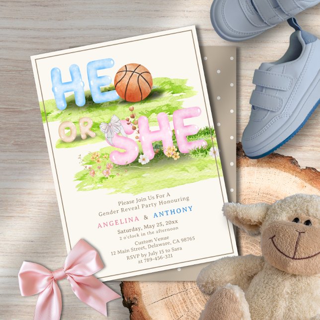 Elegant Watercolor Basketball Bow He or She Invitation (Elegant Watercolor Basketball Bow He or She Invitation)