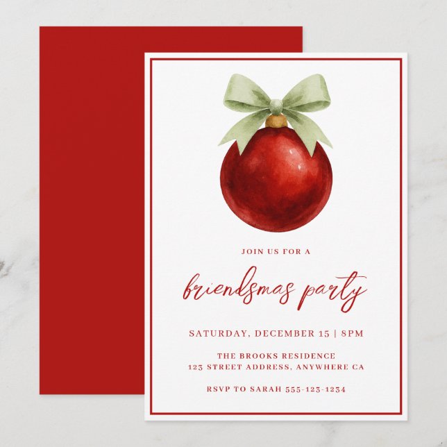 Elegant Watercolor Bauble & Bow Friendsmas Party Invitation (Front/Back)