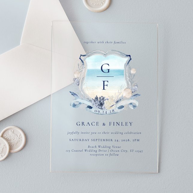 Elegant Watercolor Beach Monogram Crest Wedding Acrylic Invitations (Creator Uploaded)