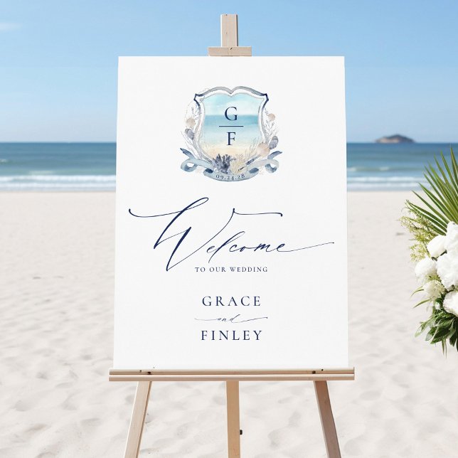 Elegant Watercolor Beach Monogram Crest Wedding  Foam Board (Creator Uploaded)