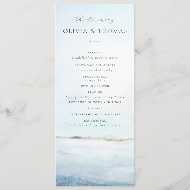 Elegant Watercolor Beach Waves Coastal Wedding Program (Front)