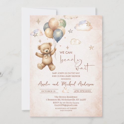 Elegant Watercolor Bear Teddy baby shower Invitation