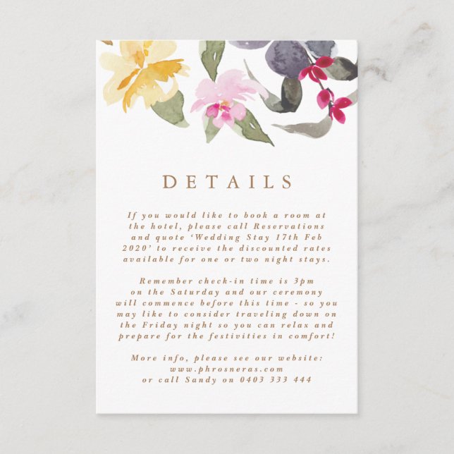 Elegant Watercolor Beautiful Wedding Details Enclosure Card (Front)