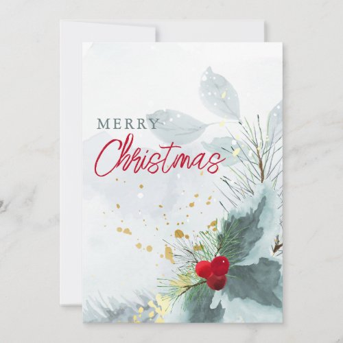 Elegant Watercolor Berry Greenery Merry Christmas Holiday Card