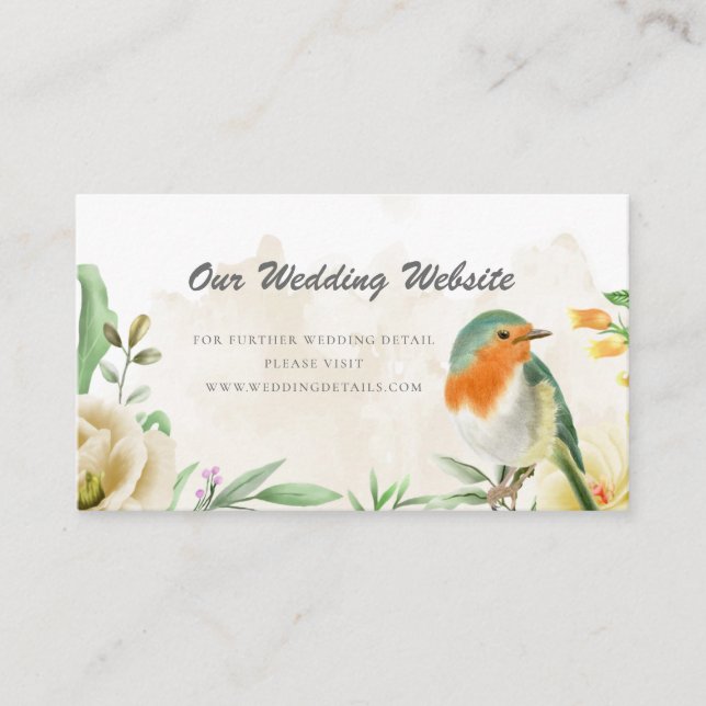 Elegant Watercolor Bird Floral Wedding Website Enclosure Card (Front)