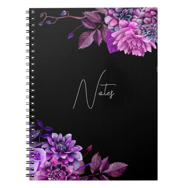 Elegant watercolor black and purple floral garden notebook (Front)