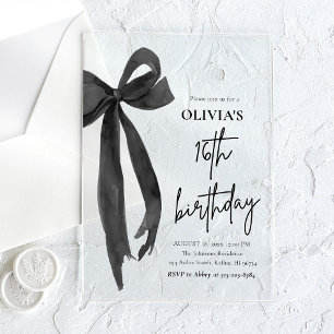 Elegant Watercolor Black Bow 16th Birthday Party Acrylic Invitations
