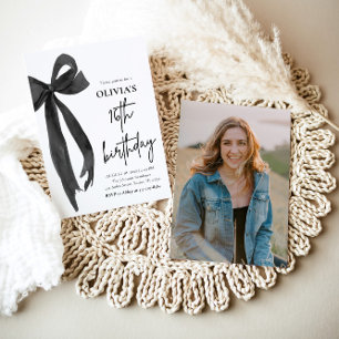 Elegant Watercolor Black Bow 16th Birthday Party Invitation