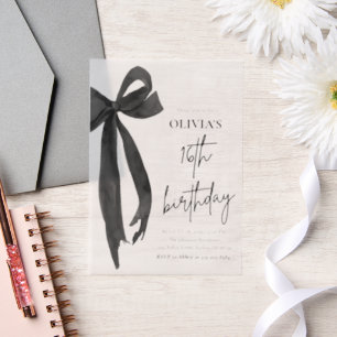 Elegant Watercolor Black Bow 16th Birthday Party Vellum Invitations