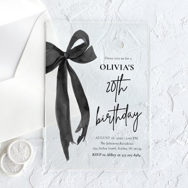 Elegant Watercolor Black Bow 20th Birthday Party Acrylic Invitations (Creator Uploaded)