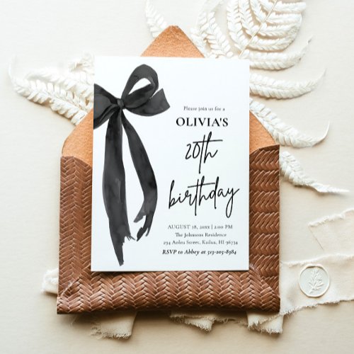 Elegant Watercolor Black Bow 20th Birthday Party