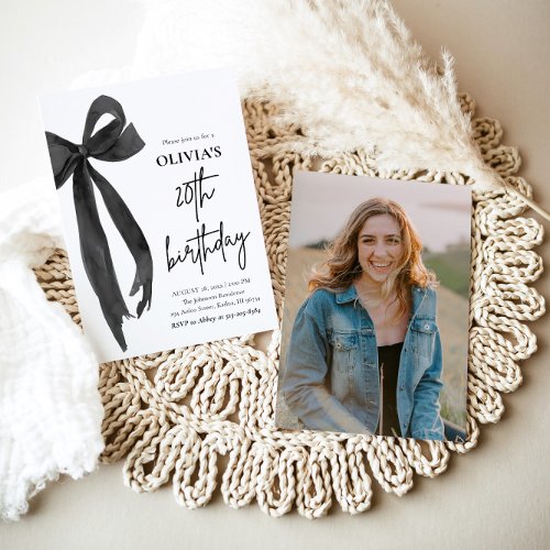 Elegant Watercolor Black Bow 20th Birthday Party