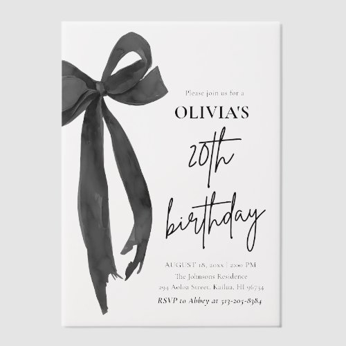 Elegant Watercolor Black Bow 20th Birthday Party