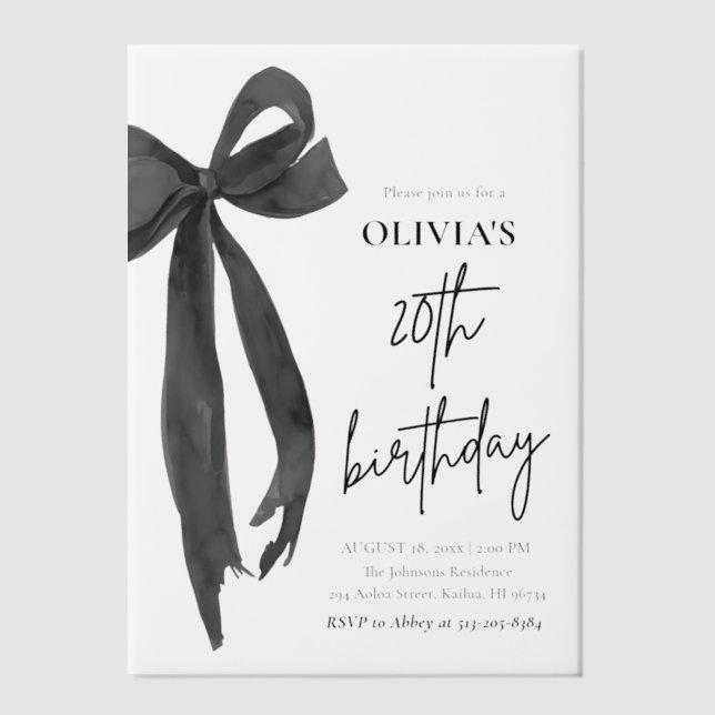Elegant Watercolor Black Bow 20th Birthday Party Vellum Invitations (Front)