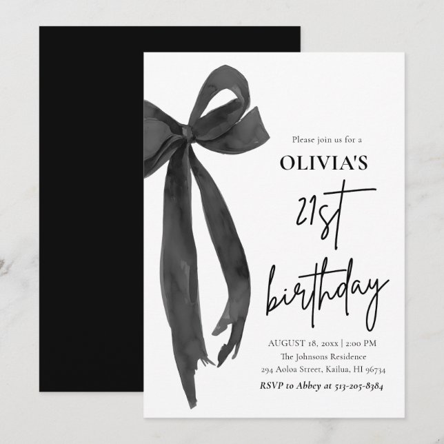 Elegant Watercolor Black Bow 21th Birthday Party Invitation (Front/Back)