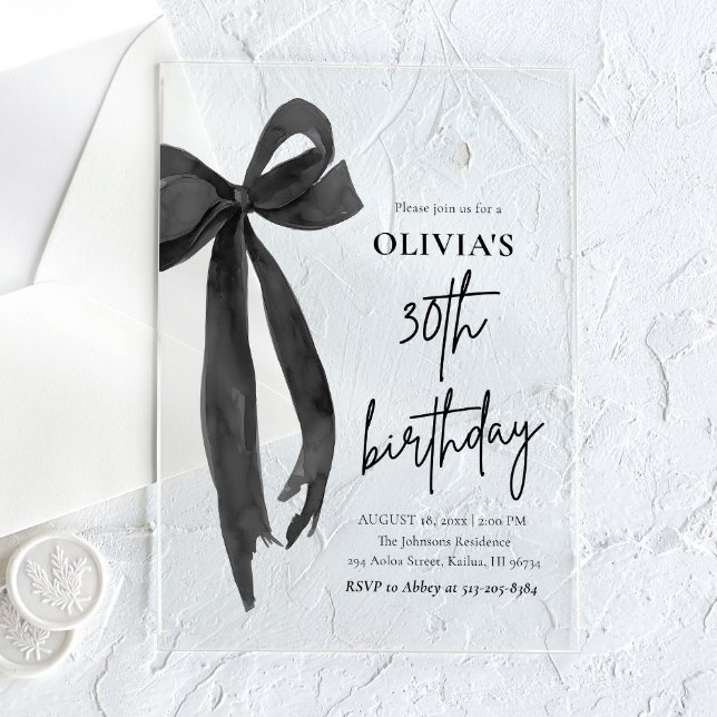 Elegant Watercolor Black Bow 30th Birthday Party Acrylic Invitations (Creator Uploaded)