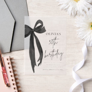 Elegant Watercolor Black Bow 30th Birthday Party Vellum Invitations
