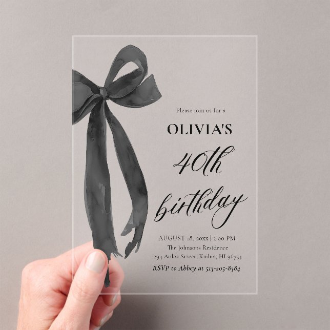 Elegant Watercolor Black Bow 40th Birthday Party Acrylic Invitations (Insitu (Handheld))