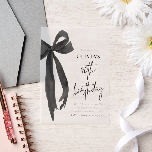 Elegant Watercolor Black Bow 40th Birthday Party Vellum Invitations (Wedding)