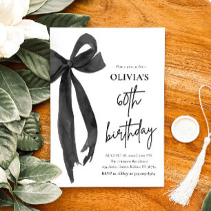 Elegant Watercolor Black Bow 60th Birthday Party Invitation