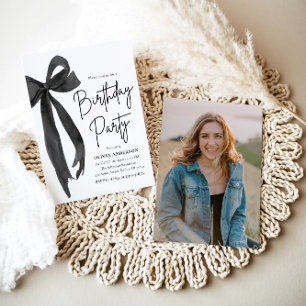 Elegant Watercolor Black Bow Birthday Party Invitation