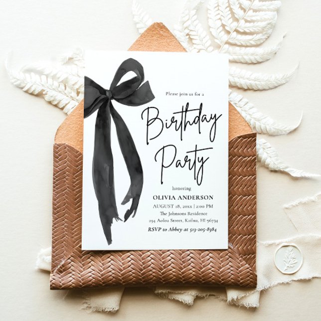 Elegant Watercolor Black Bow Birthday Party Invitation (Watercolor Modern Elegant Coquette Black Bow Birthday Party Invitation)