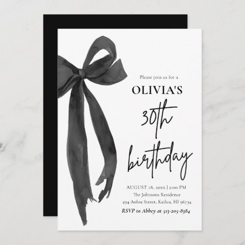 Elegant Watercolor Black Bow Birthday Party Invitation