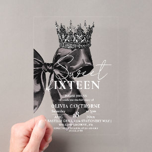 Elegant Watercolor Black Bow Sweet 16 Birthday Acrylic Invitations