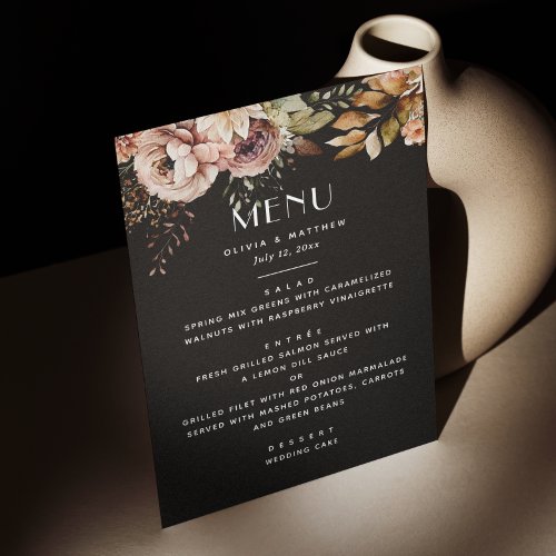Elegant watercolor black fall boho floral wedding menu