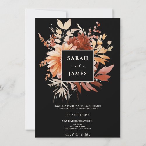 Elegant Watercolor Black Floral Fall Wedding      Invitation