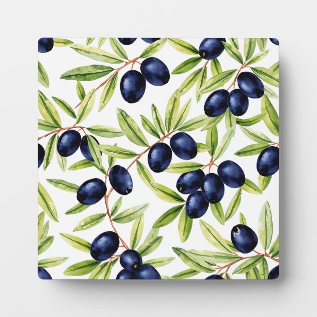 Elegant Watercolor Black Olives Seamless Pattern  Plaque (Front)