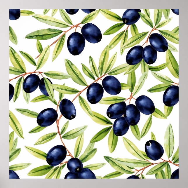 Elegant Watercolor Black Olives Seamless Pattern  Poster (Front)
