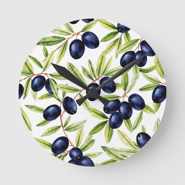 Elegant Watercolor Black Olives Seamless Pattern  Round Clock (Front)
