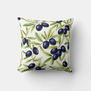 Elegant Watercolor Black Olives Seamless Pattern  Throw Pillow
