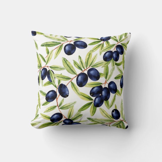 Elegant Watercolor Black Olives Seamless Pattern  Throw Pillow (Front)