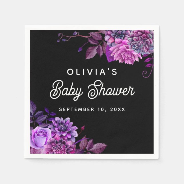 Elegant watercolor black purple floral baby shower napkins (Front)