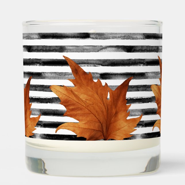 Elegant Watercolor Black White Stripes Fall Leaves Scented Candle (Front)