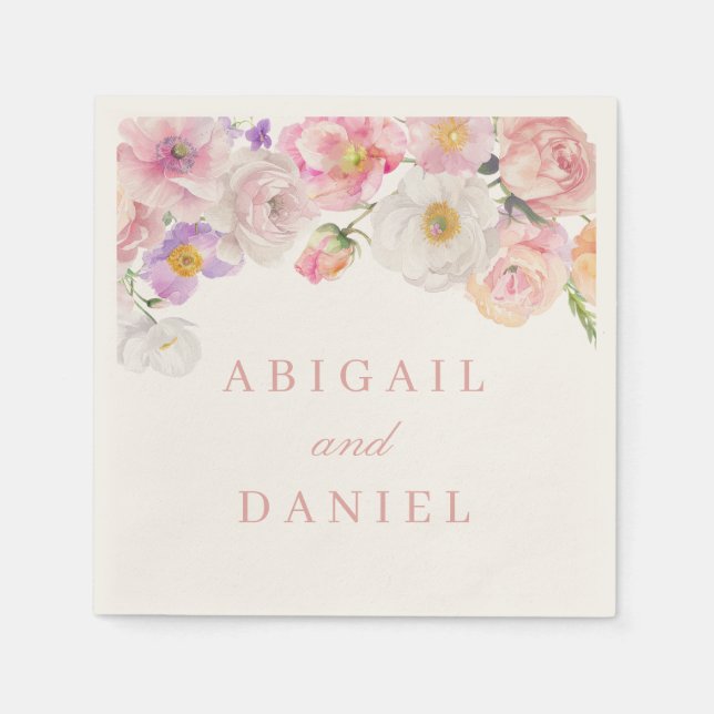 Elegant Watercolor Bloom Wedding Napkins (Front)