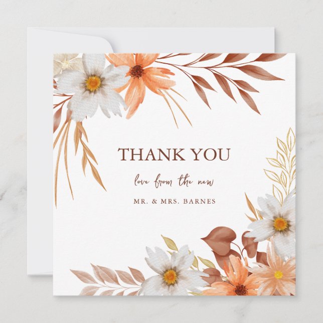 Elegant Watercolor Blooms of Autumn Wedding Thank You Card (Front)