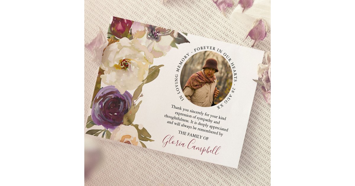Elegant Watercolor Blooms Photo Sympathy | Funeral Thank You Card | Zazzle