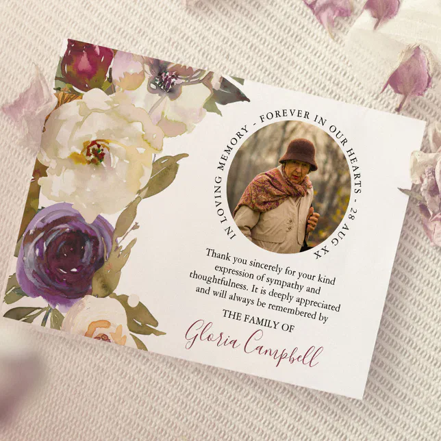 Elegant Watercolor Blooms Photo Sympathy | Funeral Thank You Card | Zazzle