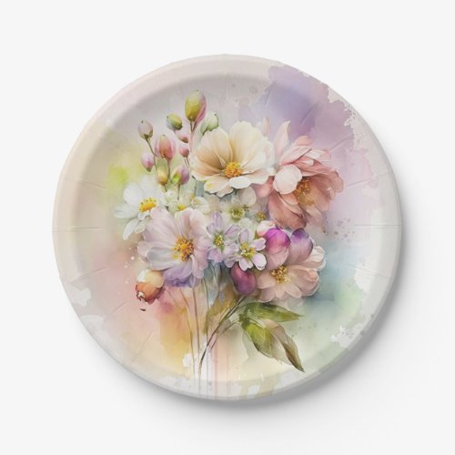 Elegant Watercolor Bloomy Flowers Paper Plates