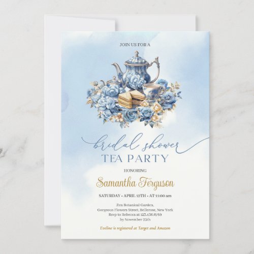 Elegant watercolor blue and gold tea party invitation