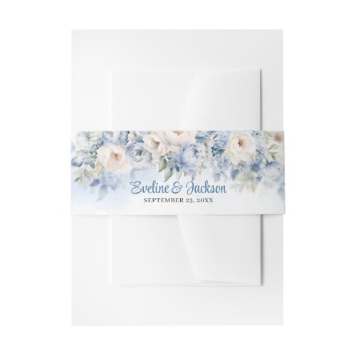 Elegant watercolor blue and ivory roses eucalyptus invitation belly band